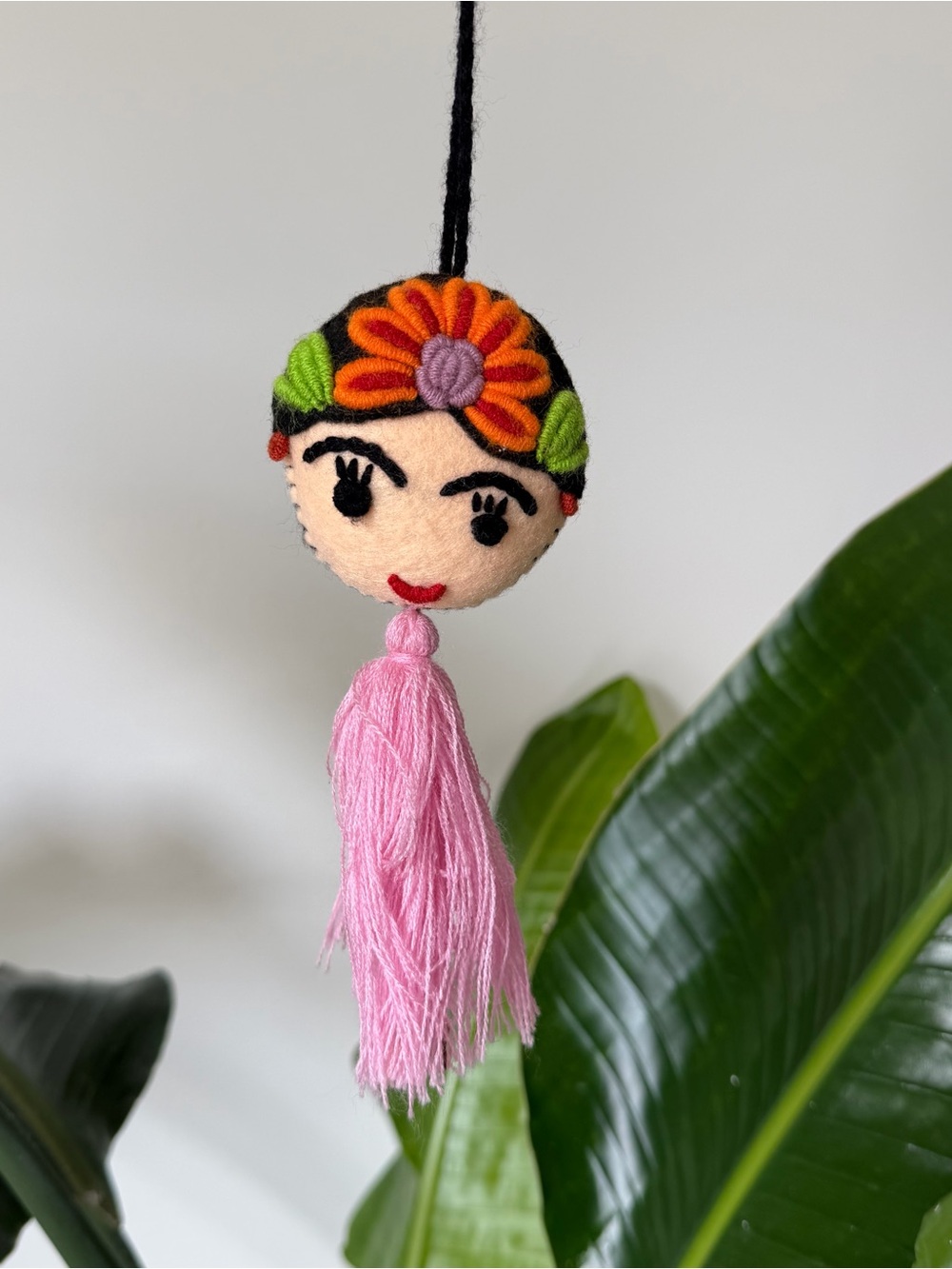 Handmade Frida-Inspired Felt Ornament with Pink Tassel